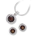 Large Round Brown Colored With Clear Pendant And Earring Set